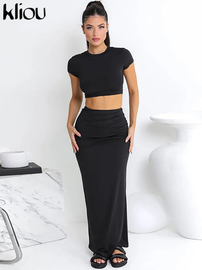 TAMBREET Kliou Casual Solid Two Piece Set Women Hipster Short Sleeve O-neck T-shirts + Matching Hip Skirts Female Bare Midriff Streetwear