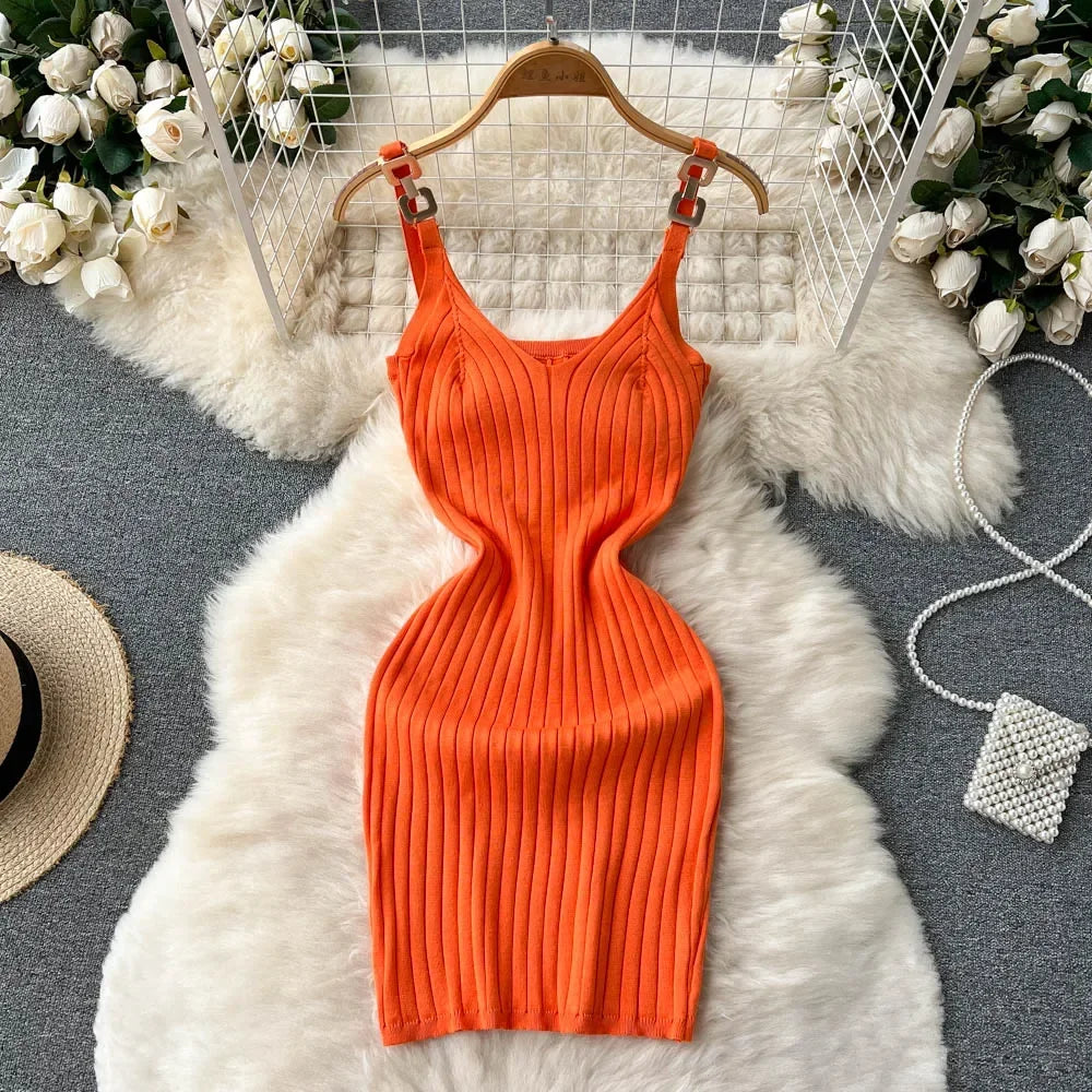 TAMBREET Knitted Summer Women Solid Dress 2024 Slim V Neck Elegant Sexy Vacation Fashion Ladies A Line Midi Dresses