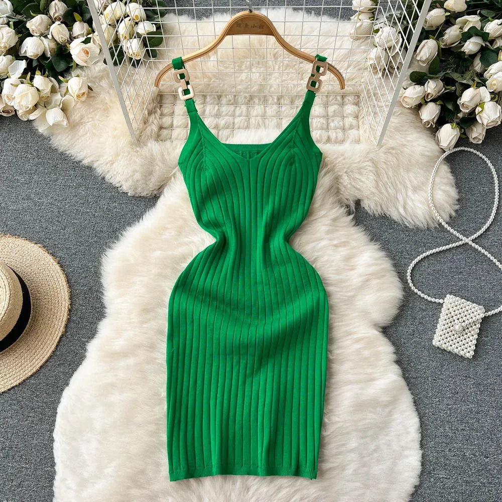 TAMBREET Knitted Summer Women Solid Dress 2024 Slim V Neck Elegant Sexy Vacation Fashion Ladies A Line Midi Dresses