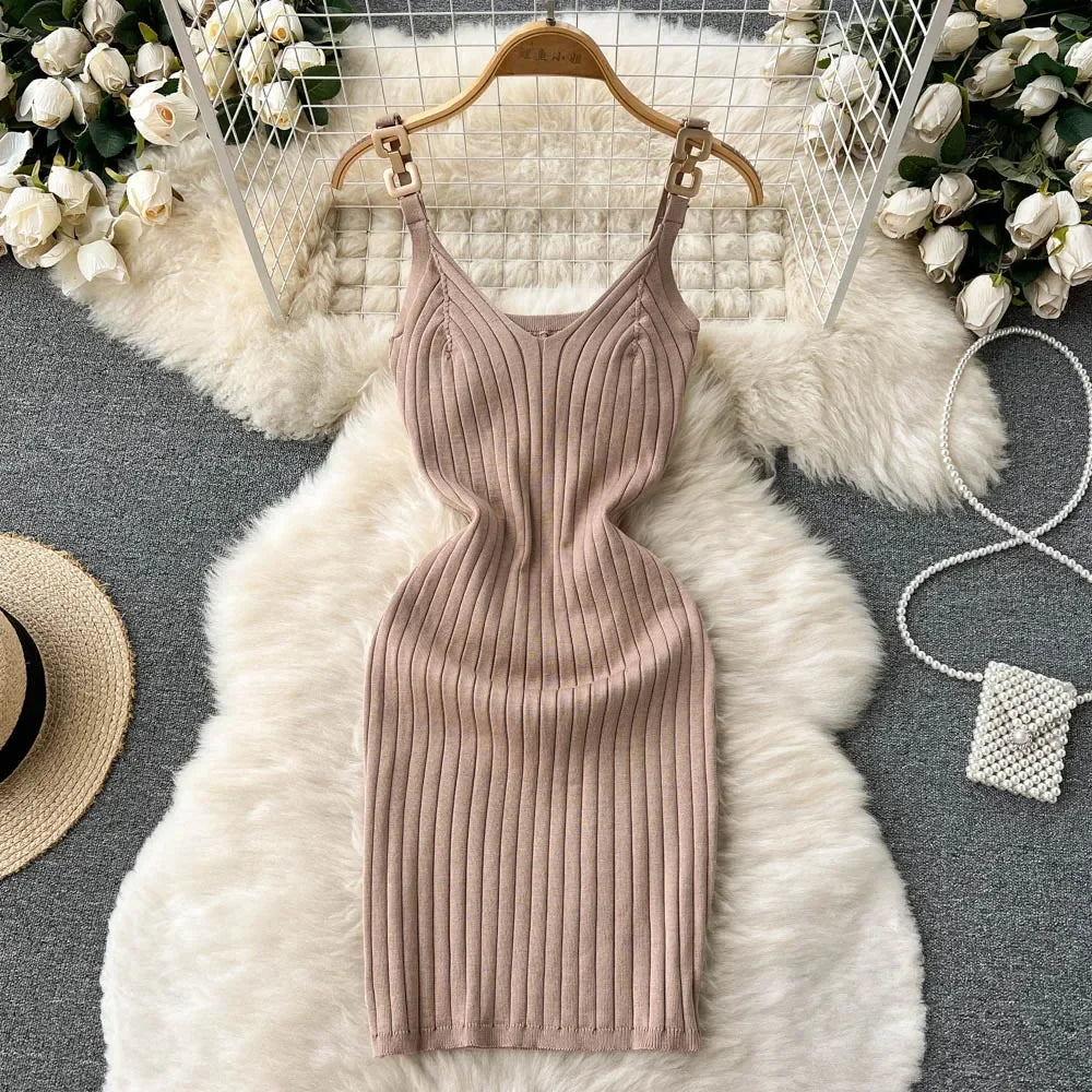 TAMBREET Knitted Summer Women Solid Dress 2024 Slim V Neck Elegant Sexy Vacation Fashion Ladies A Line Midi Dresses