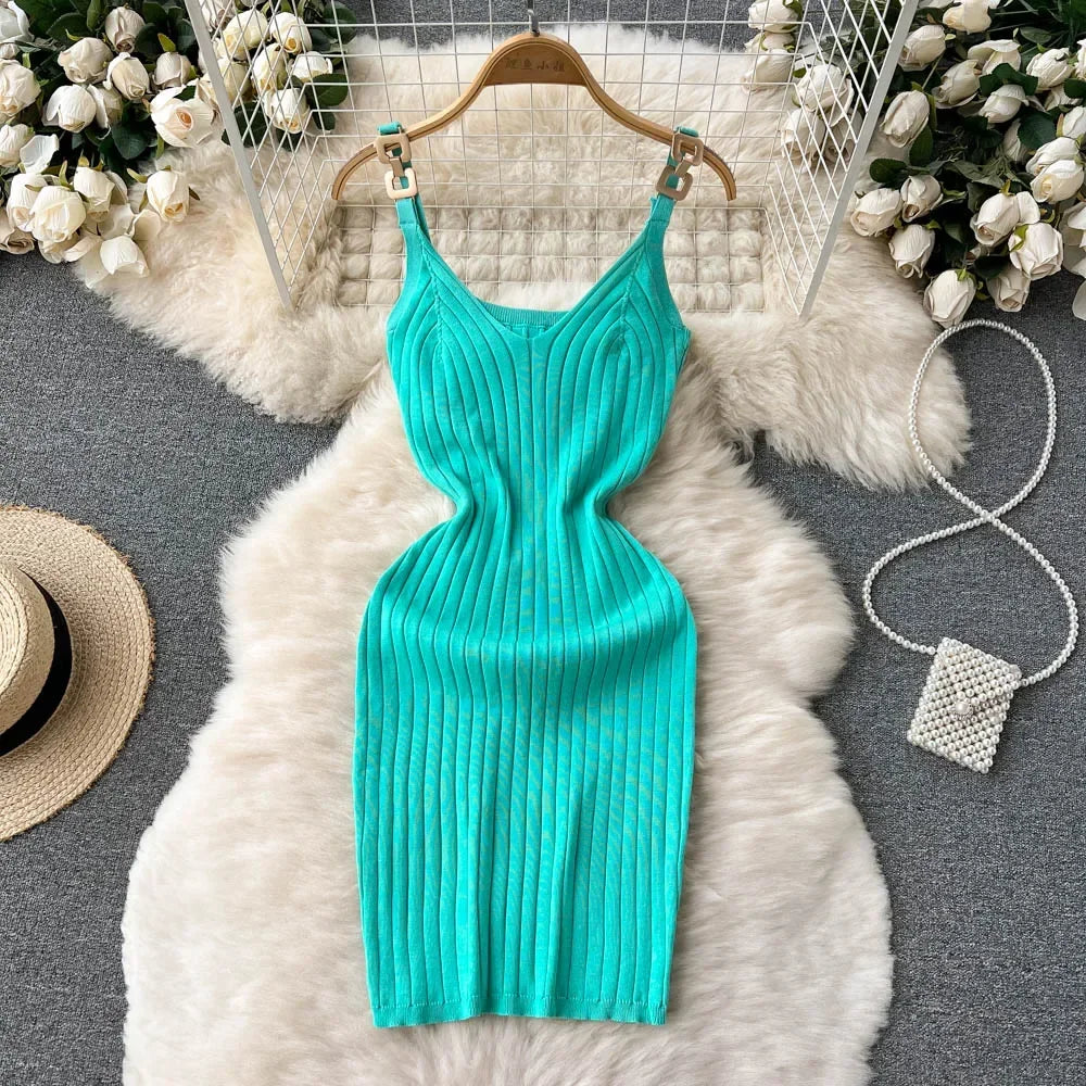 TAMBREET Knitted Summer Women Solid Dress 2024 Slim V Neck Elegant Sexy Vacation Fashion Ladies A Line Midi Dresses