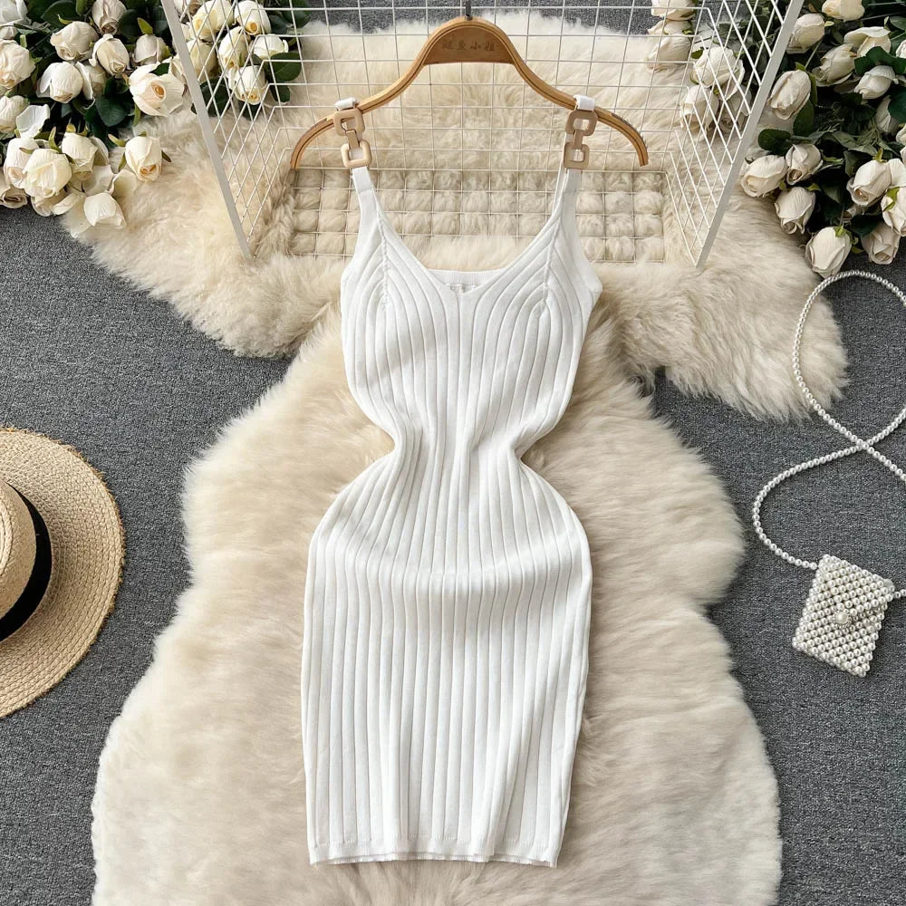 TAMBREET Knitted Summer Women Solid Dress 2024 Slim V Neck Elegant Sexy Vacation Fashion Ladies A Line Midi Dresses