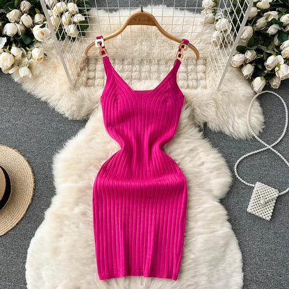 TAMBREET Knitted Summer Women Solid Dress 2024 Slim V Neck Elegant Sexy Vacation Fashion Ladies A Line Midi Dresses