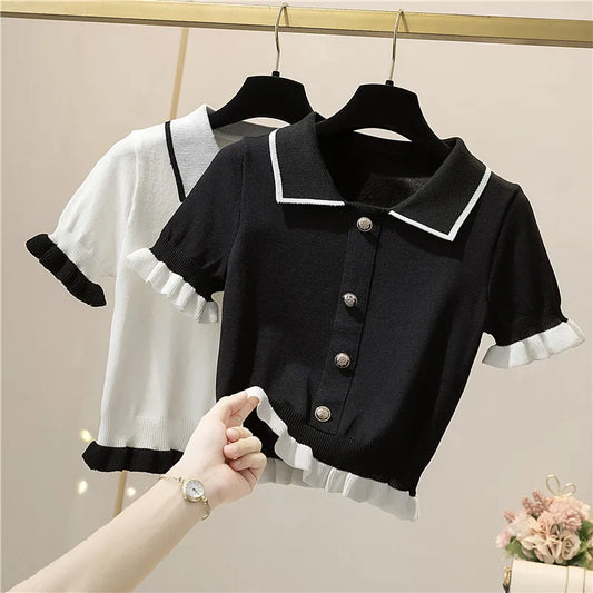 TAMBREET Knitting Button Short Tops Tees Patchwork Y2k Shirt Clothing Women Pullovers Jumper Striped Sweater Fungus Blouse For Girls