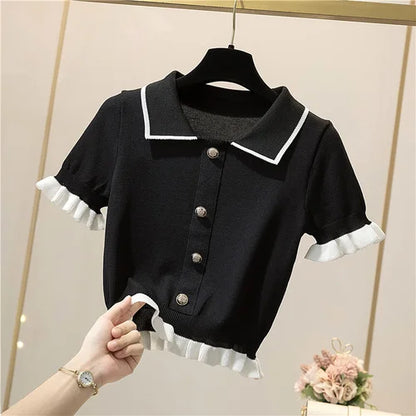 TAMBREET Knitting Button Short Tops Tees Patchwork Y2k Shirt Clothing Women Pullovers Jumper Striped Sweater Fungus Blouse For Girls