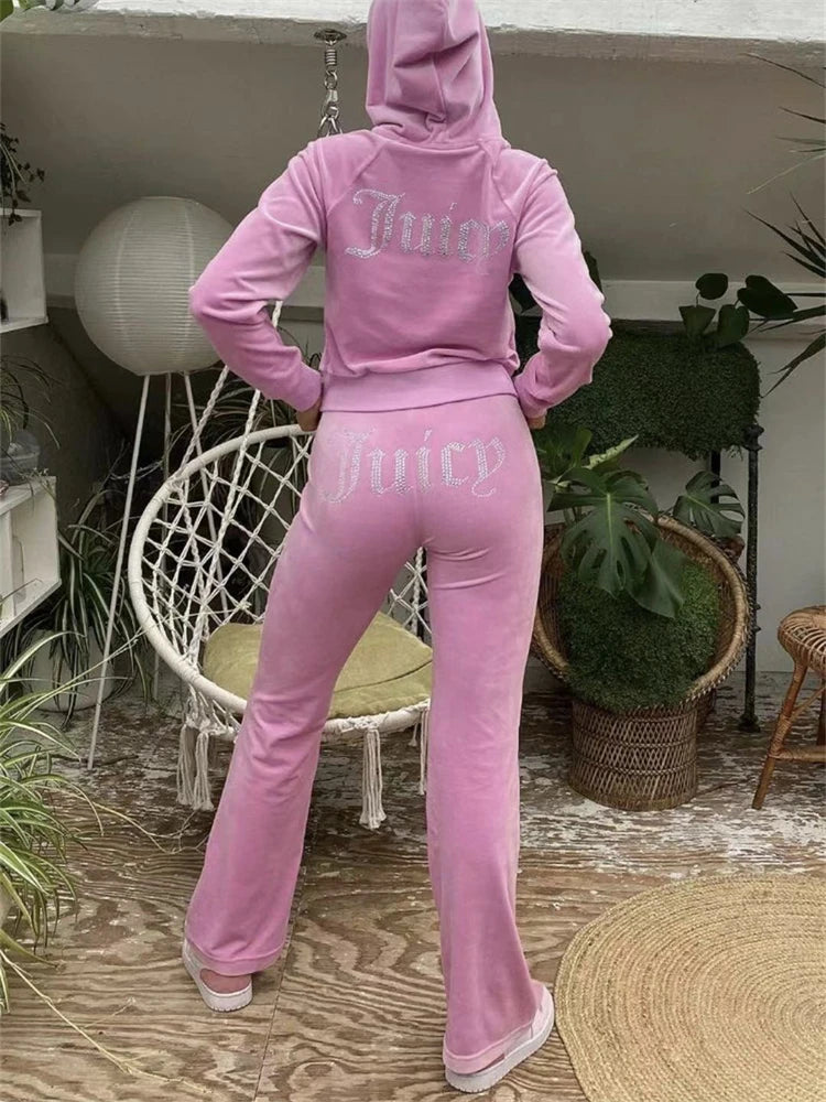 TAMBREET Kontturi Fall Streetwear Pink Tracksuit Diamond 2 Piece Sets Women Outfit Long Sleeve Cropped Hoodies Black Pants Matching Sets