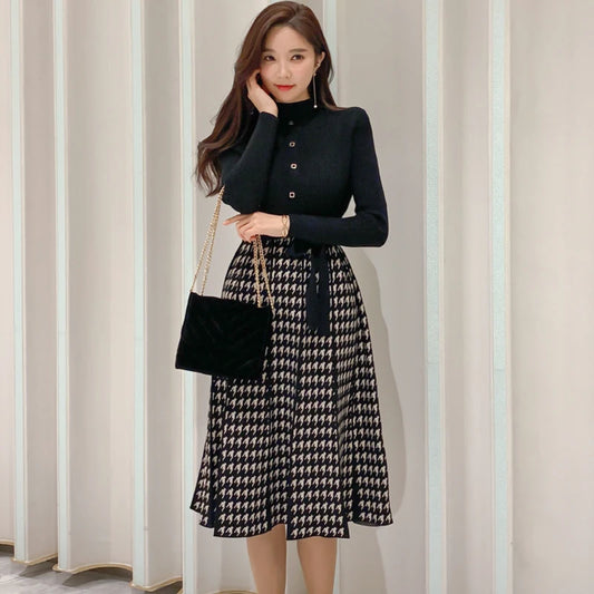 TAMBREET Korean Elegant Knitted Plaid Patchwork Midi Dress for Women Long Sleeve O-neck Bird Lattice Bow Pleated Dress Autumn Winter 2024