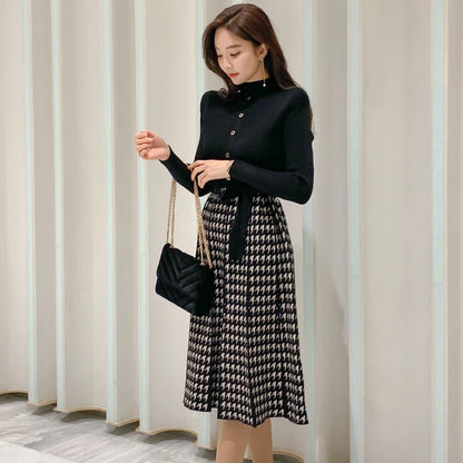 TAMBREET Korean Elegant Knitted Plaid Patchwork Midi Dress for Women Long Sleeve O-neck Bird Lattice Bow Pleated Dress Autumn Winter 2024