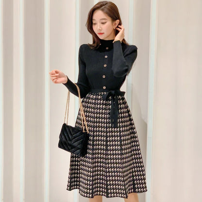 TAMBREET Korean Elegant Knitted Plaid Patchwork Midi Dress for Women Long Sleeve O-neck Bird Lattice Bow Pleated Dress Autumn Winter 2024