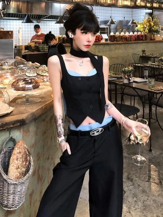 TAMBREET Korean Sleeveless Crop Top 2 Piece Set Women High Waist Wide Leg Pants Outfits Y2K Black Short Skirt Suit Hot Girl Streetwear