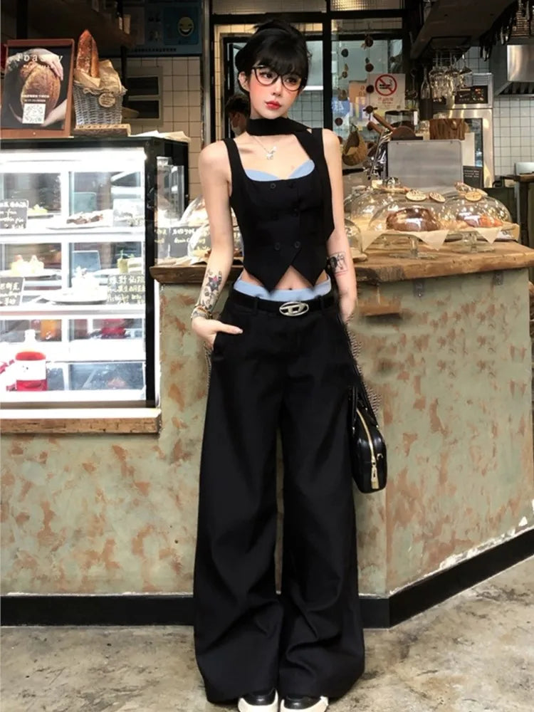 TAMBREET Korean Sleeveless Crop Top 2 Piece Set Women High Waist Wide Leg Pants Outfits Y2K Black Short Skirt Suit Hot Girl Streetwear