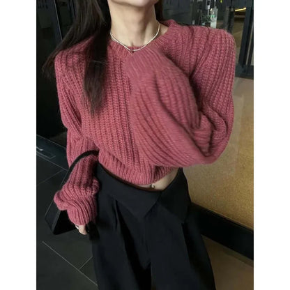 TAMBREET Korean-Style INS Autumn New Niche Versatile Round Neck Pullover Sweater Women's Waist-Fitted Petite Cropped Knit Top