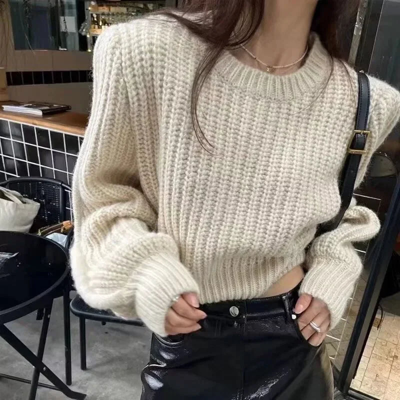 TAMBREET Korean-Style INS Autumn New Niche Versatile Round Neck Pullover Sweater Women's Waist-Fitted Petite Cropped Knit Top