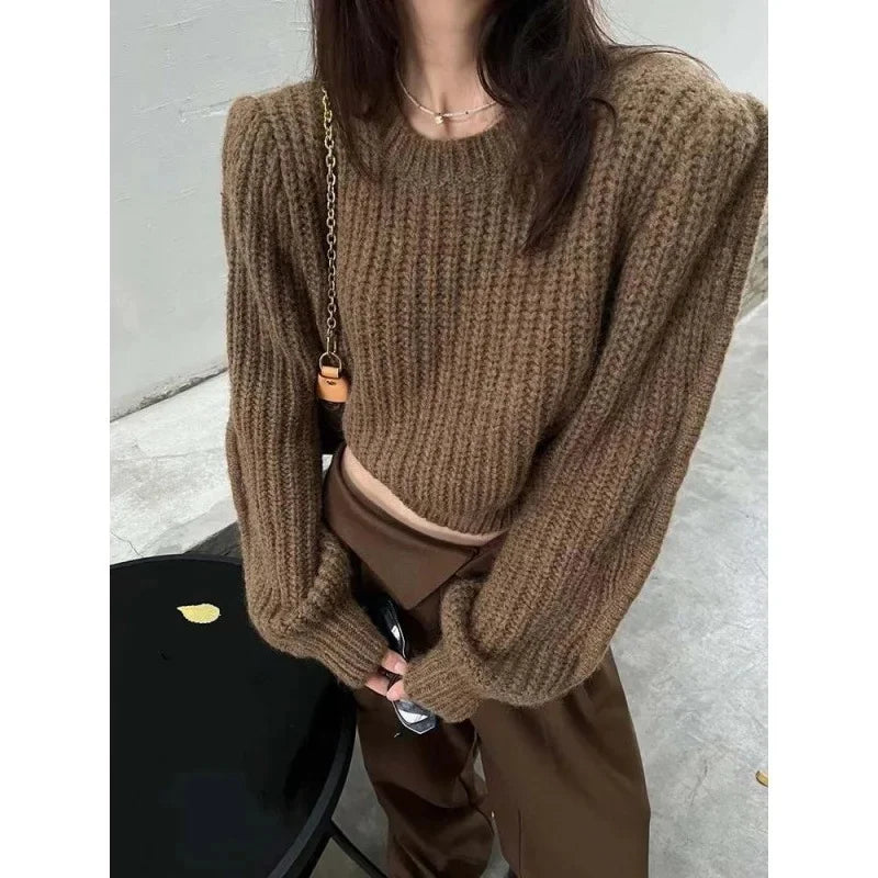 TAMBREET Korean-Style INS Autumn New Niche Versatile Round Neck Pullover Sweater Women's Waist-Fitted Petite Cropped Knit Top