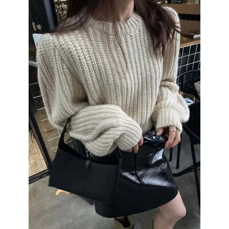 TAMBREET Korean-Style INS Autumn New Niche Versatile Round Neck Pullover Sweater Women's Waist-Fitted Petite Cropped Knit Top