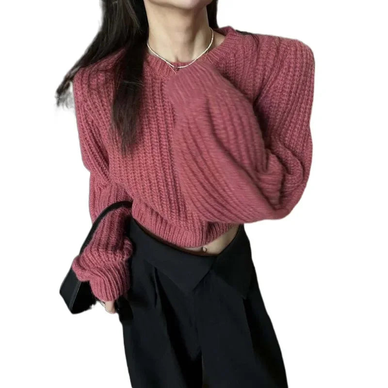 TAMBREET Korean-Style INS Autumn New Niche Versatile Round Neck Pullover Sweater Women's Waist-Fitted Petite Cropped Knit Top