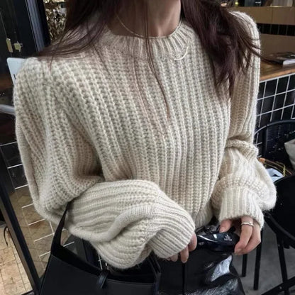 TAMBREET Korean-Style INS Autumn New Niche Versatile Round Neck Pullover Sweater Women's Waist-Fitted Petite Cropped Knit Top