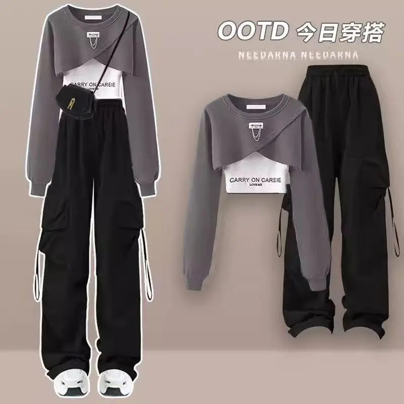 TAMBREET Korean Style Patchwork Long Sleeved T-shirt Work Pants Wide Leg Pants Two-piece Casual Student Pants Set Autumn Outfits