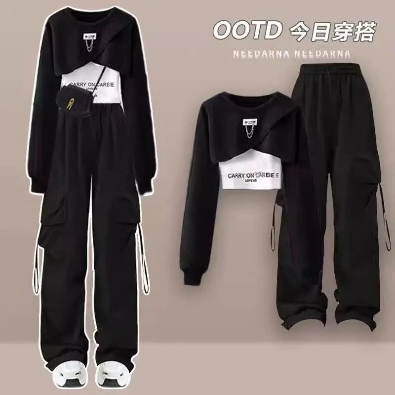 TAMBREET Korean Style Patchwork Long Sleeved T-shirt Work Pants Wide Leg Pants Two-piece Casual Student Pants Set Autumn Outfits