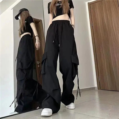 TAMBREET Korean Style Patchwork Long Sleeved T-shirt Work Pants Wide Leg Pants Two-piece Casual Student Pants Set Autumn Outfits