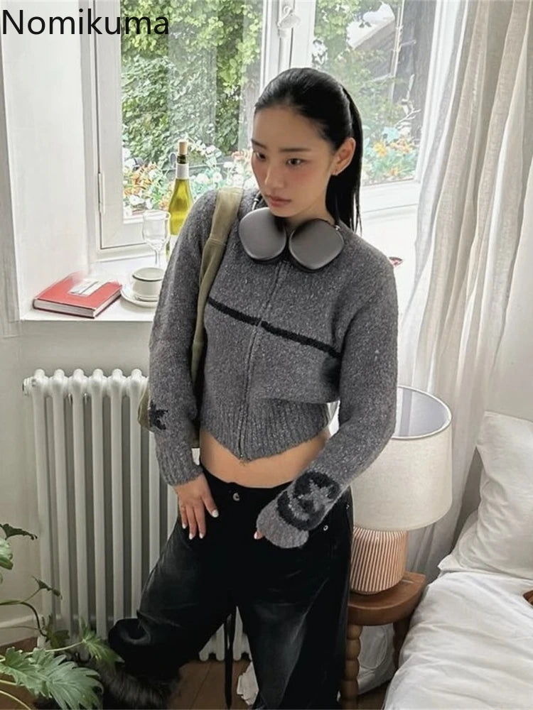 TAMBREET Korean Sueter Mujer Zipper O-neck Cropped Sweater Tops Pull Femme Casual Chic Knitthing Cardigan Jackets 2024 Winter Clothing