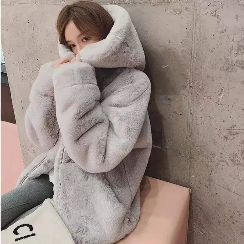 TAMBREET Korean Thickened Mink Velvet Coat Women Winter Clothes New Jacket Version Loose Imitation Rabbit Fur Plush Hooded Fur Coat