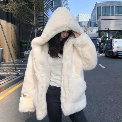 TAMBREET Korean Thickened Mink Velvet Coat Women Winter Clothes New Jacket Version Loose Imitation Rabbit Fur Plush Hooded Fur Coat