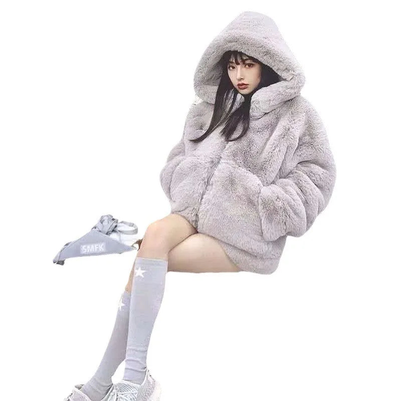 TAMBREET Korean Thickened Mink Velvet Coat Women Winter Clothes New Jacket Version Loose Imitation Rabbit Fur Plush Hooded Fur Coat