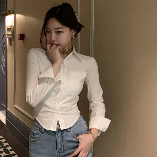 TAMBREET Korean White Office Women Chiffon Shirt Pocket Button Lapel Ladies Blouse Spring Commuter Long Sleeve New Female Crop Tops