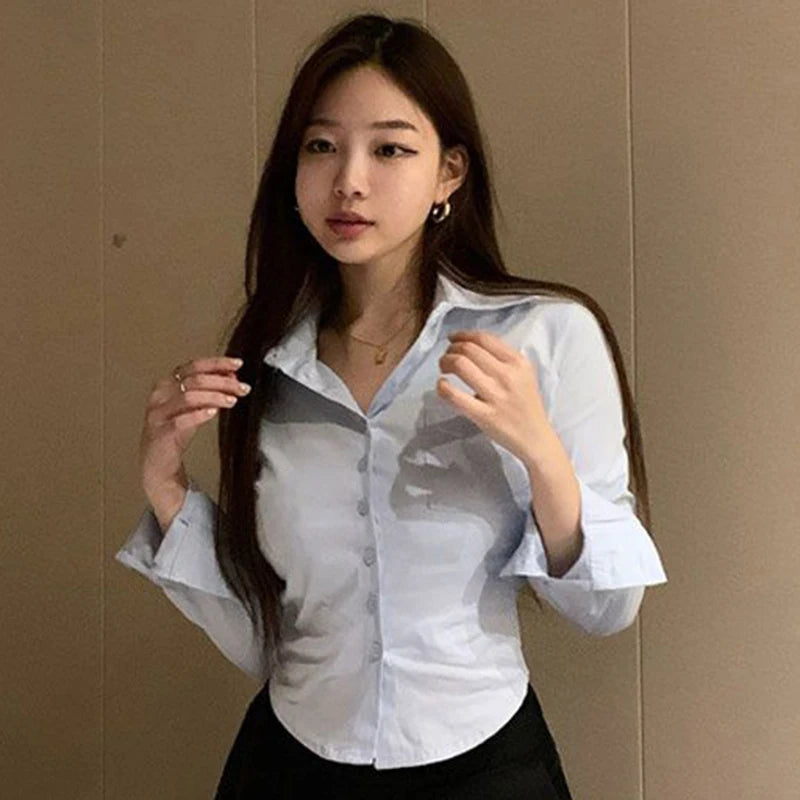 TAMBREET Korean White Office Women Chiffon Shirt Pocket Button Lapel Ladies Blouse Spring Commuter Long Sleeve New Female Crop Tops