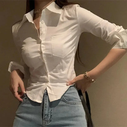 TAMBREET Korean White Office Women Chiffon Shirt Pocket Button Lapel Ladies Blouse Spring Commuter Long Sleeve New Female Crop Tops