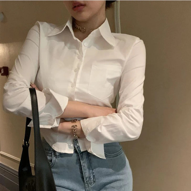 TAMBREET Korean White Office Women Chiffon Shirt Pocket Button Lapel Ladies Blouse Spring Commuter Long Sleeve New Female Crop Tops