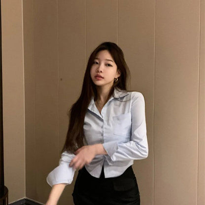 TAMBREET Korean White Office Women Chiffon Shirt Pocket Button Lapel Ladies Blouse Spring Commuter Long Sleeve New Female Crop Tops