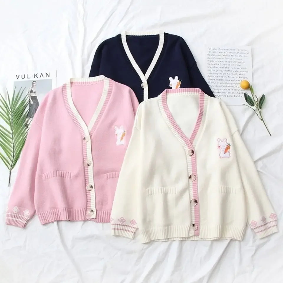 TAMBREET Korobov Korean Sweet Chic Women Sweaters Japanese V Neck Long Sleeve Cute Cardigans 2021 New Embroidery Cardigan