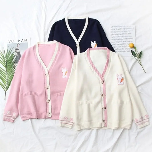 TAMBREET Korobov Korean Sweet Chic Women Sweaters Japanese V Neck Long Sleeve Cute Cardigans 2021 New Embroidery Cardigan