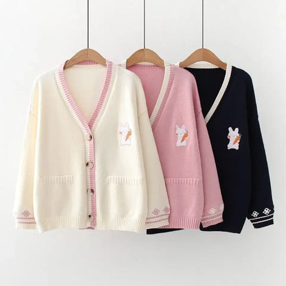 TAMBREET Korobov Korean Sweet Chic Women Sweaters Japanese V Neck Long Sleeve Cute Cardigans 2021 New Embroidery Cardigan