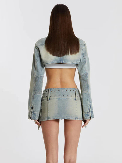 TAMBREET LGRQ Y2K Fashion Street Wear Midriff-baring Denim Short Jacket Mini Skirt Two-piece Sets Trendy High Quality 2024 Design 19F1856