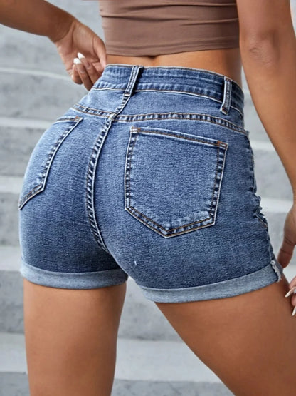 TAMBREET LW High Waist Ripped Pocket Design Solid Skinny Stretchy Denim Shorts Women Casual Ripped Stretchy Cuffed Hem Hot Jean Pants