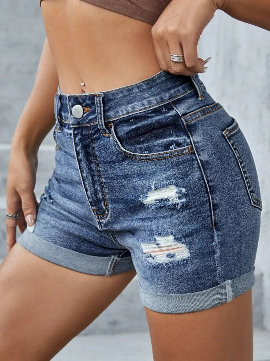 TAMBREET LW High Waist Ripped Pocket Design Solid Skinny Stretchy Denim Shorts Women Casual Ripped Stretchy Cuffed Hem Hot Jean Pants