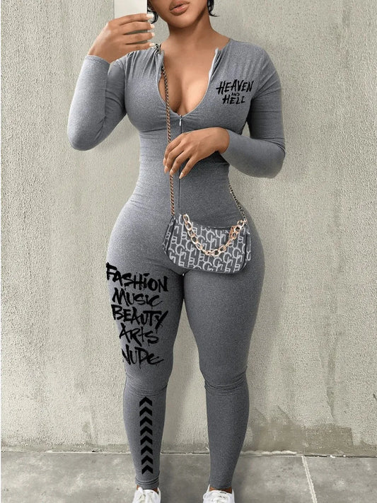 TAMBREET LW Letter Print Long Sleeve Bodycon Jumpsuit 1 Piece Front Zipper Up Grey Skinny Romper Sporty Streetwear Casual Jumpsuit