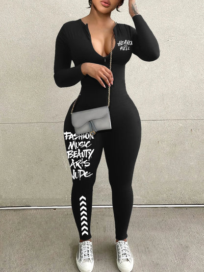 TAMBREET LW Letter Print Long Sleeve Bodycon Jumpsuit 1 Piece Front Zipper Up Grey Skinny Romper Sporty Streetwear Casual Jumpsuit