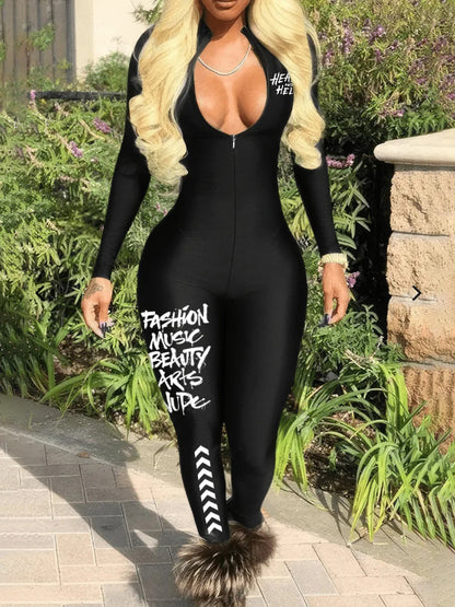 TAMBREET LW Letter Print Long Sleeve Bodycon Jumpsuit 1 Piece Front Zipper Up Grey Skinny Romper Sporty Streetwear Casual Jumpsuit