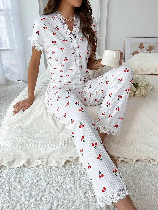 TAMBREET Lace Trim Women Pajama Set Short Sleeve Front Button Top & Full-Length Pants Cherry Print 2 Pieces Sleepwear Nightwear Homewear