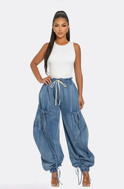 TAMBREET Lace Up Wide Leg Jeans Cargo Pants Sexy Women High Waist Elegant Streetwear Denim Loose Trousers