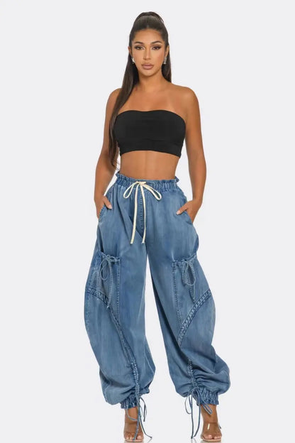 TAMBREET Lace Up Wide Leg Jeans Cargo Pants Sexy Women High Waist Elegant Streetwear Denim Loose Trousers