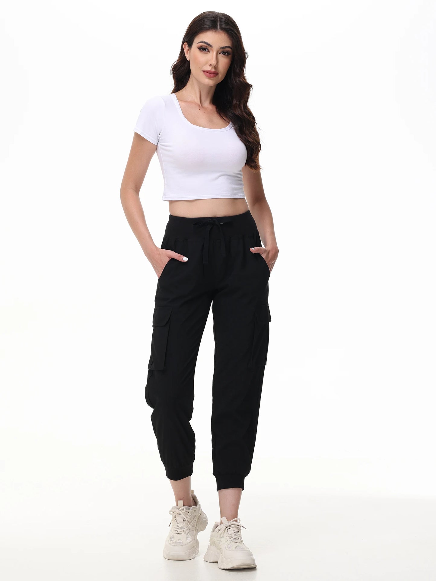 TAMBREET Ladies' Casual Yoga Jogging Pants, Elastic Fabric and Breathable Cropped Pants,  Trousers with 6 Pockets for Women Moms