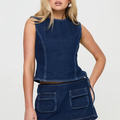 TAMBREET Lamuusaa Denim Tops for Women y2k Clothes Solid Color Round Neck Sleeveless Backless Jeans Vest Fashion Waistcoat Streetwear