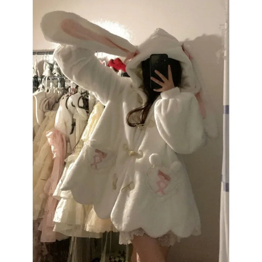 TAMBREET Lautaro Autumn Winter Sweet Cute Kawaii Warm Color Block Faux Fur Coat Hoodie Women with Bear Ears Luxury Fluffy Jacket 2024