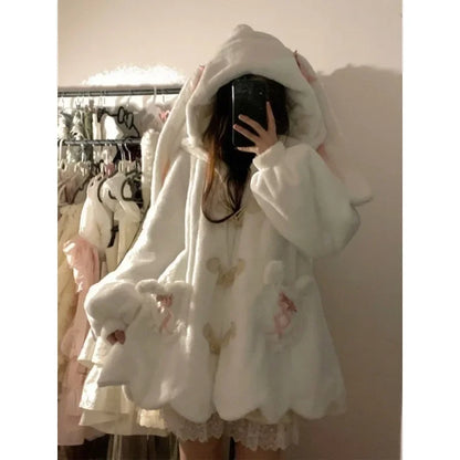 TAMBREET Lautaro Autumn Winter Sweet Cute Kawaii Warm Color Block Faux Fur Coat Hoodie Women with Bear Ears Luxury Fluffy Jacket 2024