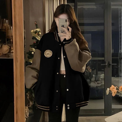 TAMBREET Lazy Style Baseball Jacket for Women in Autumn and Winter, Plush and Thickened Fashion Retro Loose Fitting  Jacket